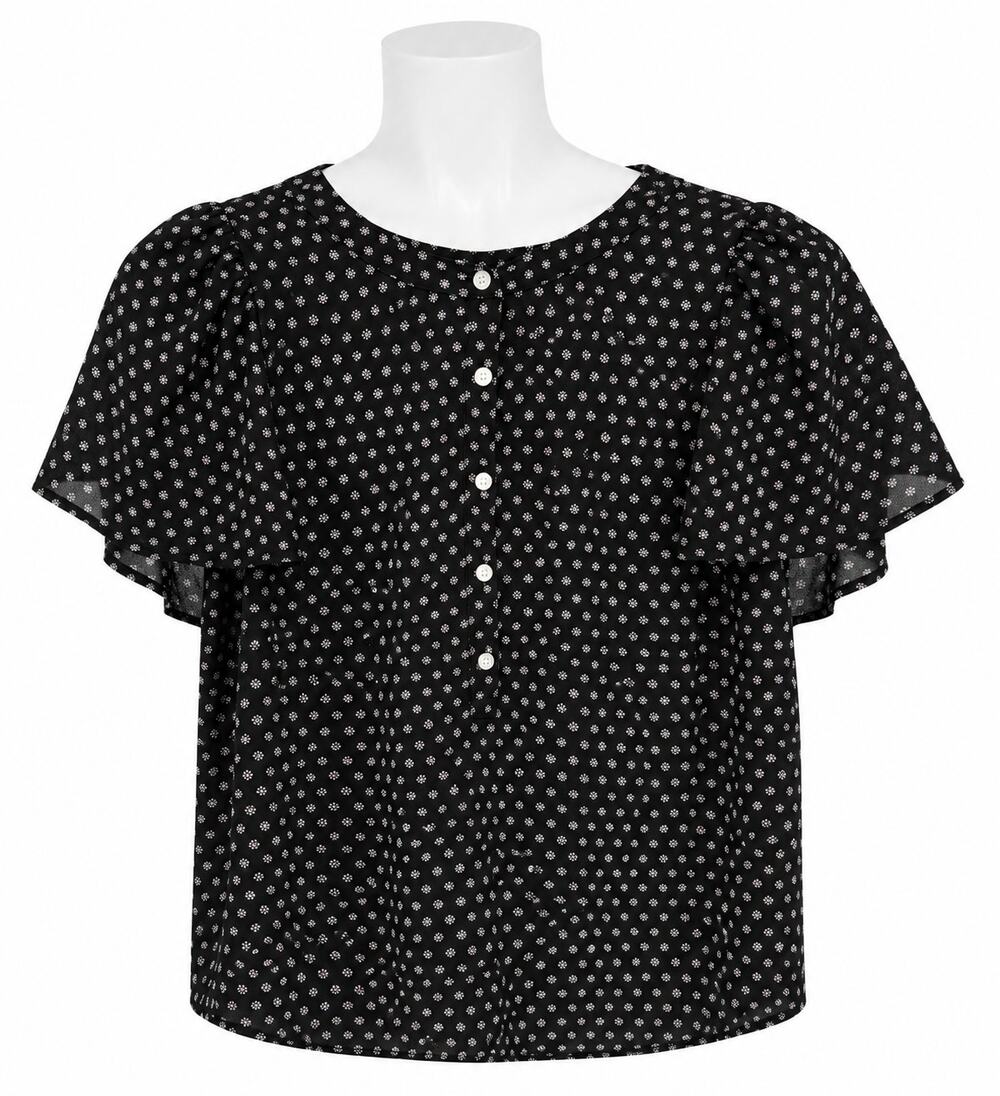 Black White Floral Flutter Sleeve Pullover Blouse Front Buttons Office Loft S